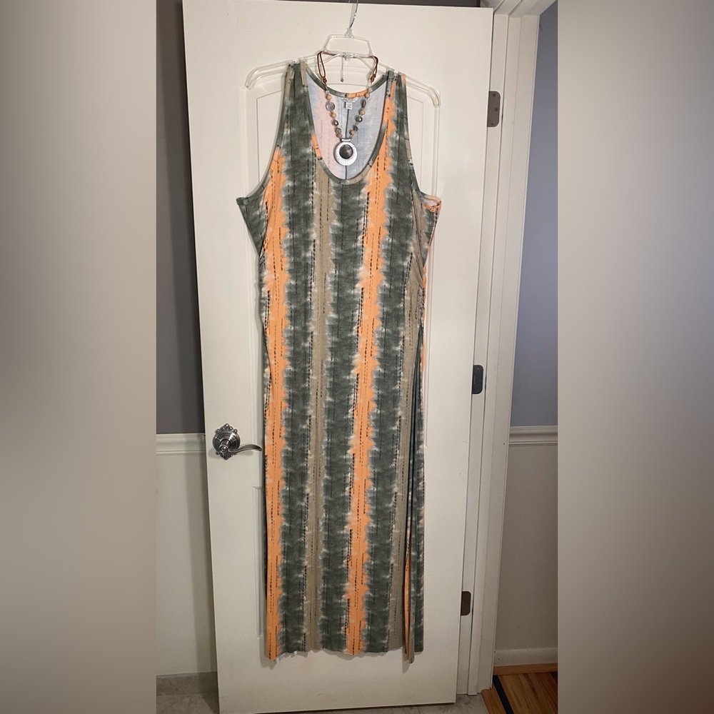 Cato Sleeveless Striped Maxi Dress - Green and Orange & necklace